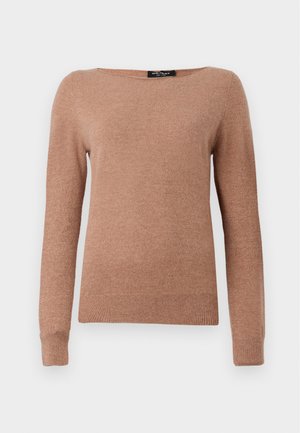 Brun, langærmet sweater med en bred halsudskæring, lavet af blødt, struktureret materiale, med ribbede manchetter og kant. Enkel, klassisk design.
