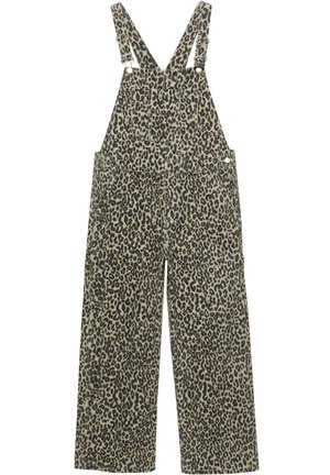 Salopette à motif léopard avec bretelles réglables, une poche avant et des jambes larges, fabriquée en tissu durable aux teintes terreuses.