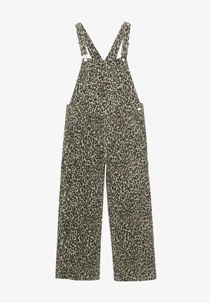 Leopard print overalls with adjustable straps, a front pocket, and wide legs made of durable fabric in earthy tones.