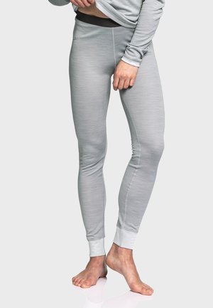 Helle graue, taillierte Leggings aus weichem, dehnbarem Stoff mit glatter Textur, ausgestattet mit einem schwarzen elastischen Bund und tapered Bündchen.