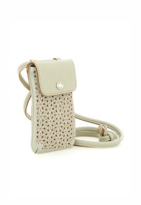 Sac bandoulière en cuir vert clair avec un devant à motifs, fermeture rabat et sangle ajustable. Doté d'un logo en métal rond sur le rabat.