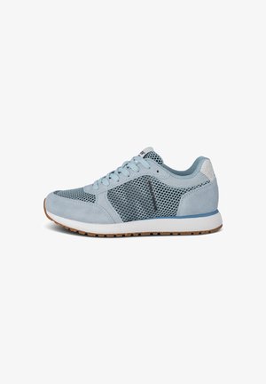 Light blue athletic shoe with suede and mesh materials, rounded shape, rubber sole, and lace-up design. Features a textured side panel.