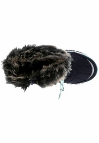 Bota de inverno preta com um acabamento de pele sintética na parte superior, material leve, atacadores teal coordenados e sola de borracha texturizada.