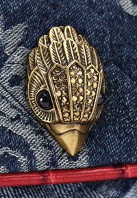 Spilla dorata a forma di uccello, con occhi in perline nere e dettagli in strass, su uno sfondo denim testurizzato con bordo rosso.