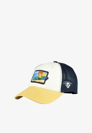 Baseball cap with yellow brim, white front, black mesh back, featuring a patch of a cartoon character surfing on a wave.