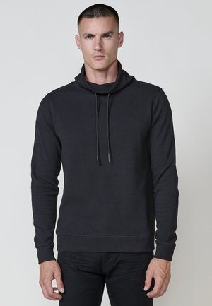 Zwarte lange mouw hoodie met een cowl neck, trekkoorden, textuurstof, aansluitend ontwerp en ribgebreide manchetten en zoom.