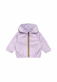 Giacca leggera di colore lilla con cappuccio, polsini elastici e fodera interna a righe. Presenta una chiusura a zip singola con dettagli colorati.