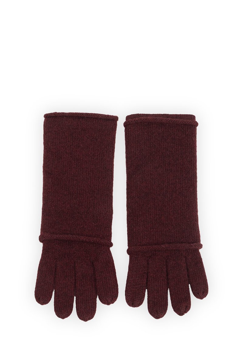 Burgundowe dziane rękawiczki o dopasowanym kroju, z osobnymi palcami i mankietem na nadgarstku, co zapewnia dodatkowe ciepło.
