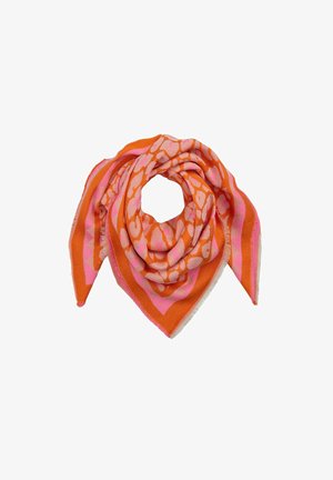 Helles orangefarbener Schal mit pinkem abstraktem Muster, in Dreiecksform gestylt. Weiche Textur mit fransigen Kanten.