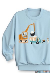 Sweatshirt bleu clair avec un motif représentant une scène de construction, incluant une pelleteuse, un camion et des personnages dans un style cartoon. Poignets et ourlet côtelés.