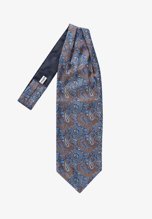 Sininen silkki solmio, jossa on paisley-kuvio ruskean ja kullan sävyissä, sileällä pinnalla ja terävällä päällä. Sisältää brändin etiketti takana.