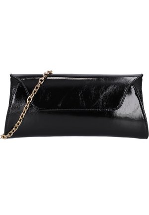 Pochette en cuir noir brillant avec une bandoulière chaîne dorée et un rabat frontal, montrée sur fond blanc.