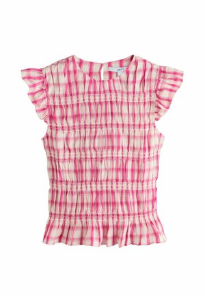 Różowa i biała bluzka w kratę z krótkim rękawem, z falbaniastymi rękawami, marszczonymi poziomymi paskami oraz małym guzikiem i otworem z tyłu.