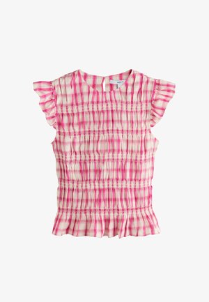 Bluza cu mâneci scurte în carouri roz și alb, cu mâneci cu volane, dungi orizontale smocate și o mică închidere cu nasture și orificiu la spate.