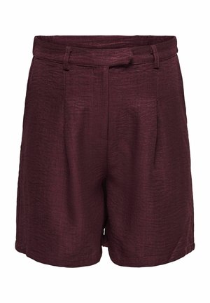 Dames shorts met hoge taille en losse pasvorm in donker bordeaux stof met riemlussen en een gestructureerde afwerking, afgebeeld tegen een witte achtergrond.