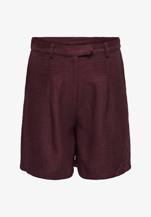 Høytlivs, løstsittende dameshorts i mørk burgunderrød stoff med beltestropper og teksturert finish, vist mot en hvit bakgrunn.