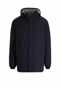 Ciemnoniebieska izolowana kurtka z kapturem, z przodu na zamek błyskawiczny, boczne kieszenie i miękka szara podszewka. Charakteryzuje się gładką strukturą tkaniny.