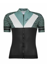 Korte mouw fietstrui met een luipaardprint in teal, zwart en wit. Inclusief een voorrits en textiel met textuur.