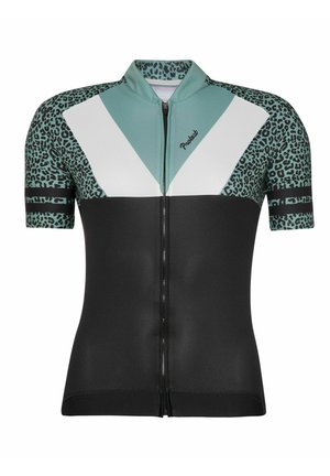 Korte mouw fietsjersey in zwart met turquoise en witte accenten, met een luipaardprintpatroon op de schouders, gecombineerd met zwarte shorts.