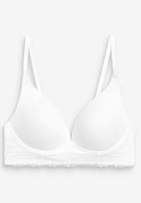 Soutien-gorge blanc avec des bonnets rembourrés et des bretelles réglables. Présente un bord en dentelle le long de la bande et des rayures texturées en bas. Tissu lisse.