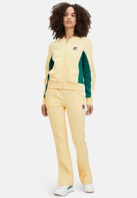 Gele trainingsoutfit met groene accenten, ritsjack, strakke broek. Opvallend logo op de borst en zijzak. Soepele stof en een comfortabele pasvorm.