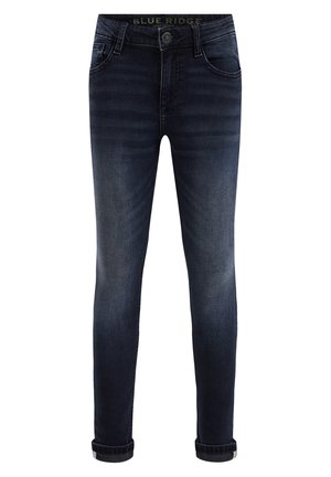 Mørkeblå skinny jeans med let falming på lårene og opsmøgede manchetter, forlommer, knap og lynlåslukning.