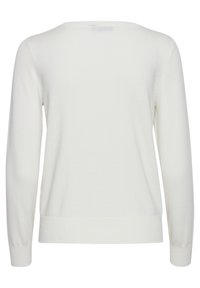 Maglione bianco a maniche lunghe, materiale in maglia morbido, scollatura rotonda, polsini e orlo ribattuti, texture liscia, design minimale, senza motivi visibili.