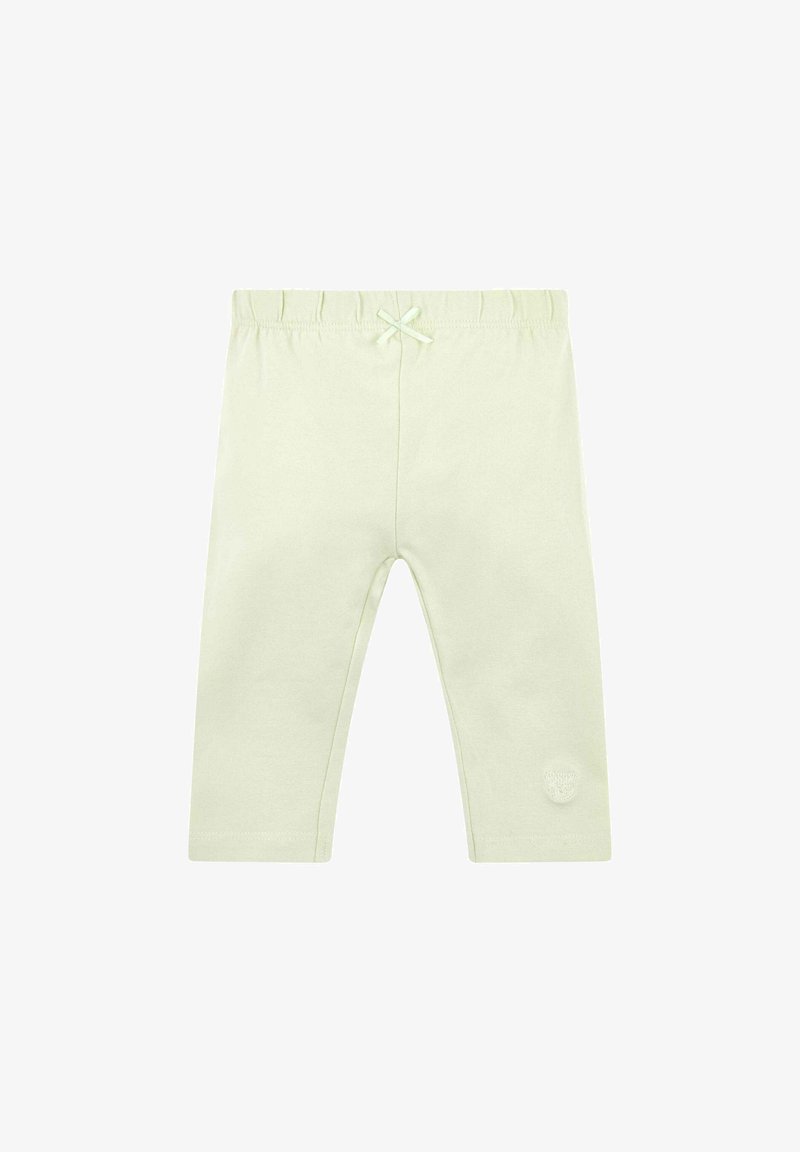 Pantalon vert clair en mélange de coton avec une taille élastique et un nœud décoratif, présentant un détail de logo discret sur la cuisse gauche.