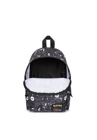 Black fabric backpack featuring a Pokémon pattern, with a white interior, zipper closure, and fabric handle on top.