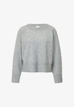 Light gray knit sweater with a round neckline, long sleeves, and ribbed hem. Soft texture with a slightly fuzzy appearance.