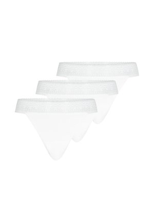 Three white thong underwear with wide lace waistbands stacked in a staggered arrangement on a white background.
