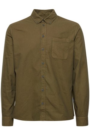 Kohvise roheline pikakäiselise särk, nööpidega ja terava kraega, ühe rinnataskuga ning ühtlase tekstuuriga. Tumedad nööbid ja tikandigaä�äred.