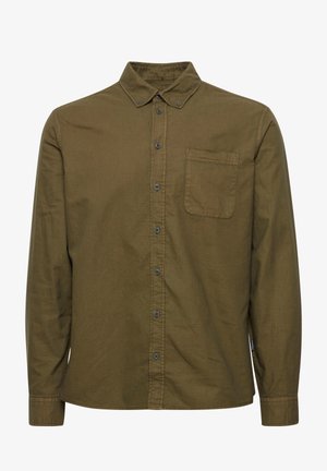 Olive green long-sleeve shirt, button-up with a pointed collar, single chest pocket, and plain texture. Dark buttons and stitched hem details.