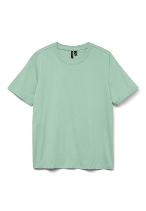 Enkel T-shirt med korte ærmer og rund hals i lys mintgrøn, vist fladt med synlig krave og mærker på hvid baggrund.