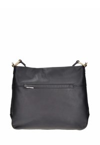 Borsa a tracolla in pelle nera con una texture liscia, chiusura superiore con zip e tasca frontale con zip. Presenta spallacci regolabili e dettagli in hardware dorato.