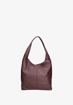 Borsa hobo in pelle bordeaux con una consistenza morbida, silhouette curvata e tracolla singola. Presenta una cucitura che corre lungo il centro per un dettaglio di design.