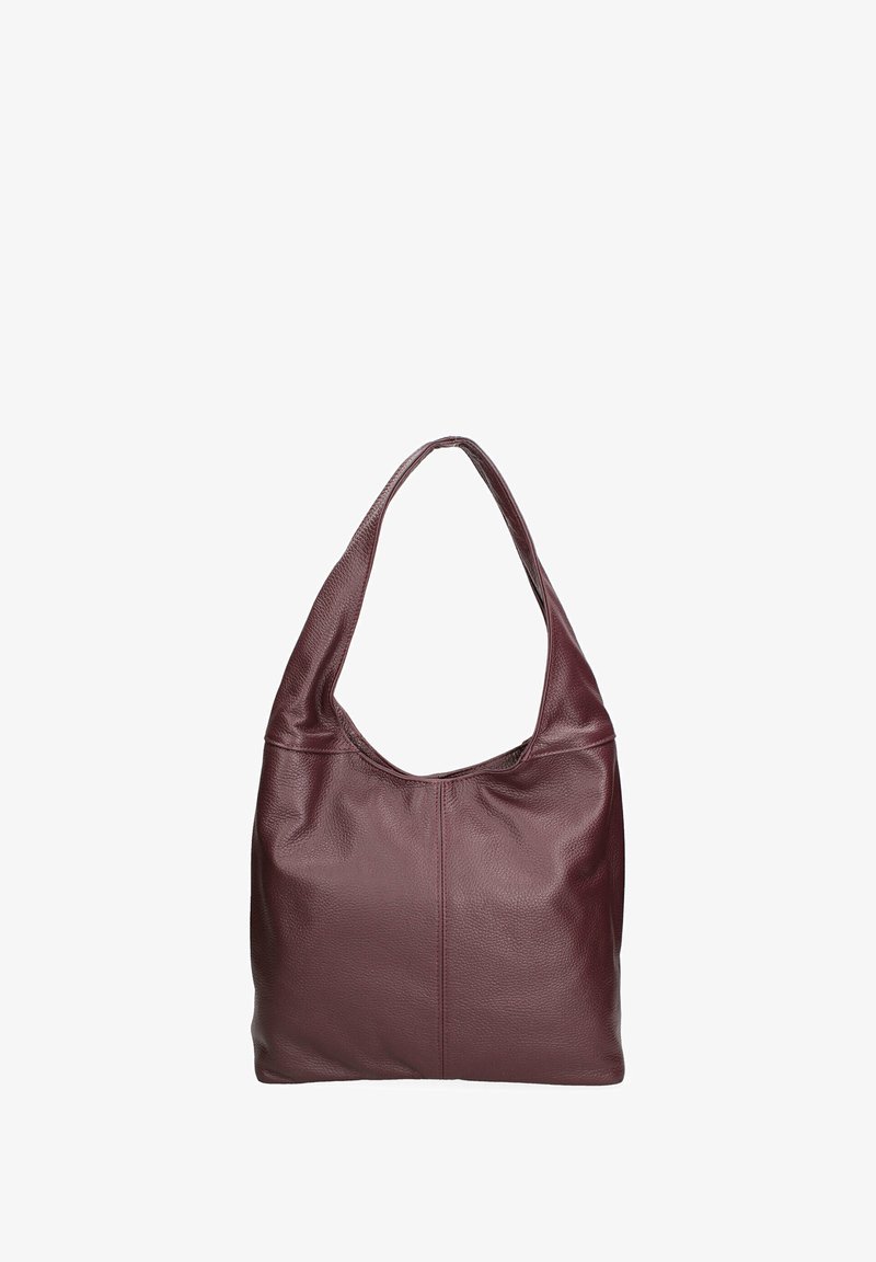 Bordeaux leren hobo-tas met een zachte textuur, gebogen silhouet en enkele schouderriem. Met een naad die door het midden loopt voor een ontwerpelement.
