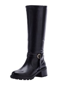 Botas de cuero negras hasta la rodilla con un tacón grueso, detalles de hebilla laterales y un acabado texturizado. Punta redondeada y suela de caucho con tacos para tracción.