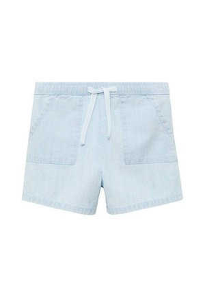 Shorts en denim bleu clair avec une taille élastique, un cordon de serrage et deux poches avant. Présente une coupe décontractée et une texture lisse.
