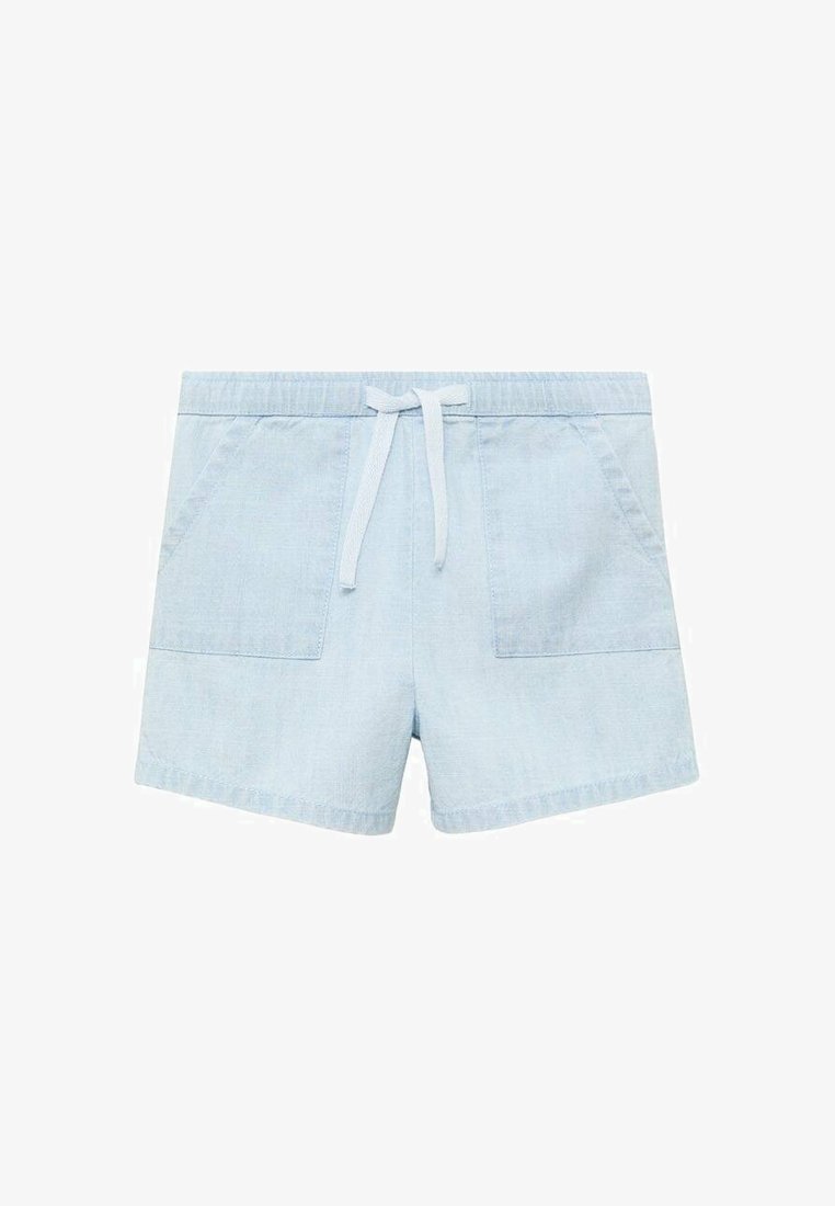 Světlé modré denimové kraťasy s elastickým pasem, stahovací šňůrkou a dvěma předními kapsami. Mají volný střih a hladký povrch.