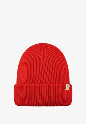 Red knitted beanie with a ribbed texture and folded cuff. Features a small branded label on the side. Soft and stretchy material.