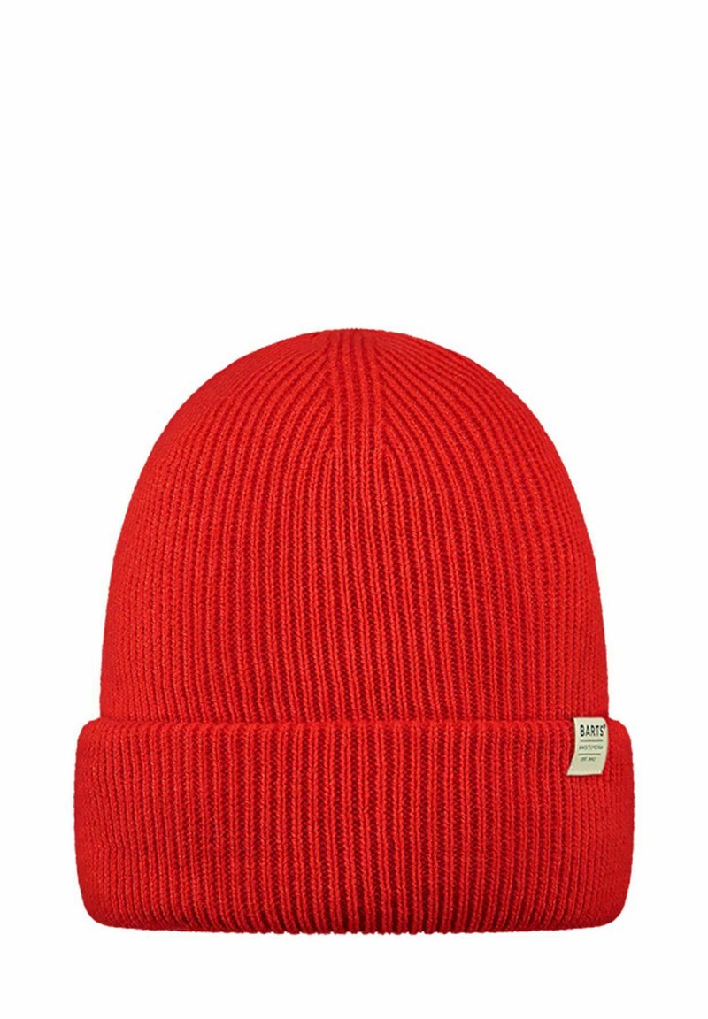 Red knitted beanie with a ribbed texture and folded cuff. Features a small branded label on the side. Soft and stretchy material.
