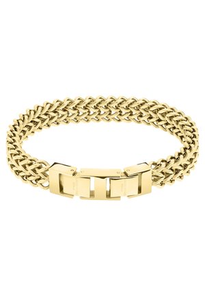Bracelet chaîne en métal tressé ton or avec fermeture à boucle rectangulaire, finition polie et design tissé durable.