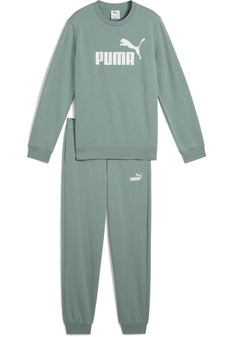 Lichtgroene sweatshirt en broek set, gemaakt van een katoenmix, met een witte PUMA-logo op de borst en dij. Met boorden bij de mouwen en een jogger-achtige pasvorm.