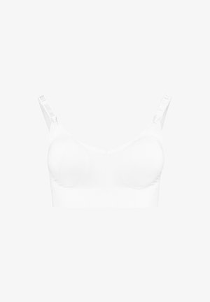 Biely bezšvový podprsenka s nastaviteľnými ramienkami, mäkkými košíčkami a širokým pod pásom. Tkanina má hladkú, elastickú textúru a minimálne detaily.