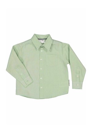 Vaaleanvihreä pitkähihainen nappipaita kauluksella ja rintataskulla, suunniteltu pienille lapsille.