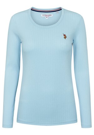 Hellblaue Langarm-T-Shirt mit strukturiertem Rippstoff, rundem Ausschnitt und kleinem gesticktem Logo auf der Brust. Mittellange Ärmel.