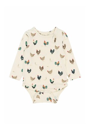 Hosszú ujjú baba bodi krém színű pamutból, különböző színekben ismétlődő csirkemintával, az alján nyomógombos záródással.