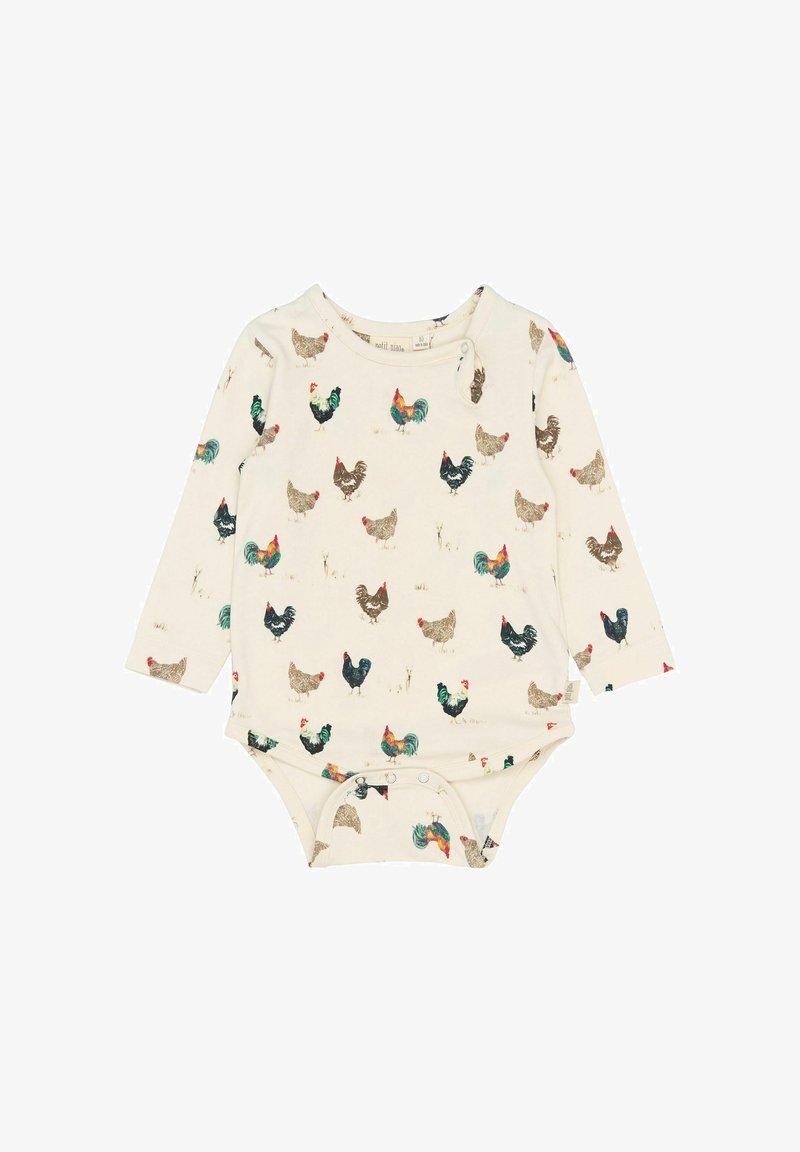 Hosszú ujjú baba bodi krém színű pamutból, különböző színekben ismétlődő csirkemintával, az alján nyomógombos záródással.