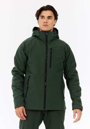 Groene geïsoleerde jack met een capuchon, voorzien van ritszakken, een rits aan de voorkant en textuurstof. Glad, aansluitend ontwerp.